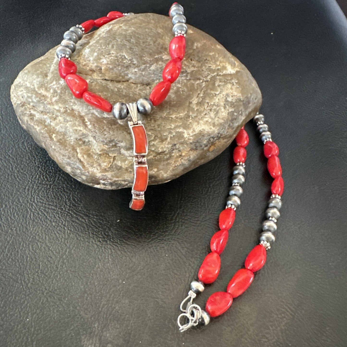 Red Coral Pendant Navajo Pearls Sterling Silver Necklace 23" 18363