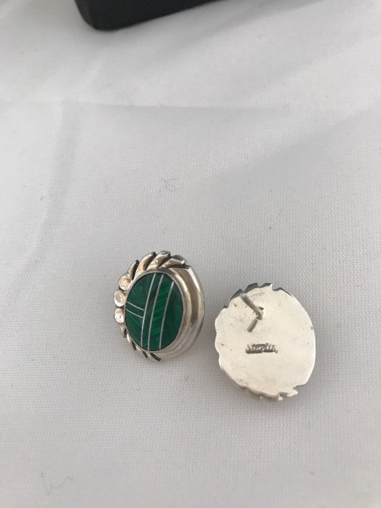 Green Malachite Southwetsern Navajo Sterling Silver Inlay Earrings 01987