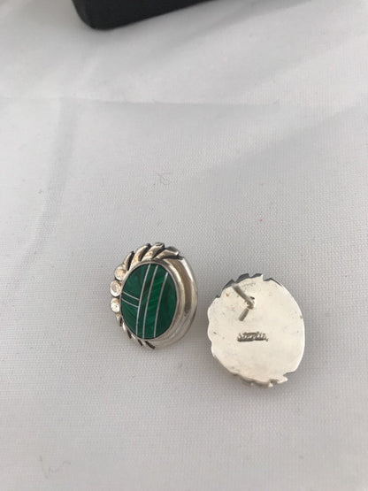 Green Malachite Southwetsern Navajo Sterling Silver Inlay Earrings 01987