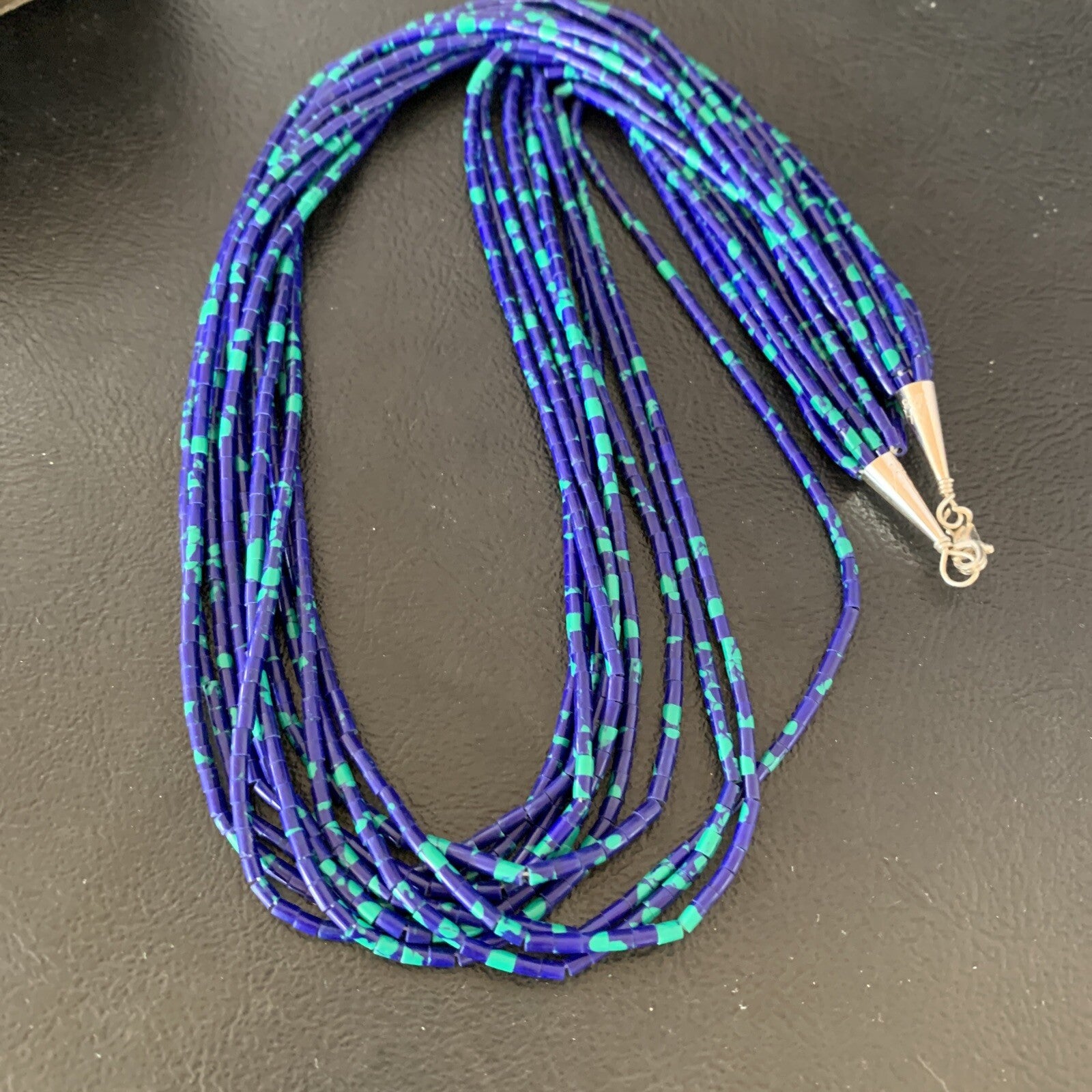 Blue Green Azurite Heishi 10Strand Stabilized Sterling Silver Necklace 20” 10349