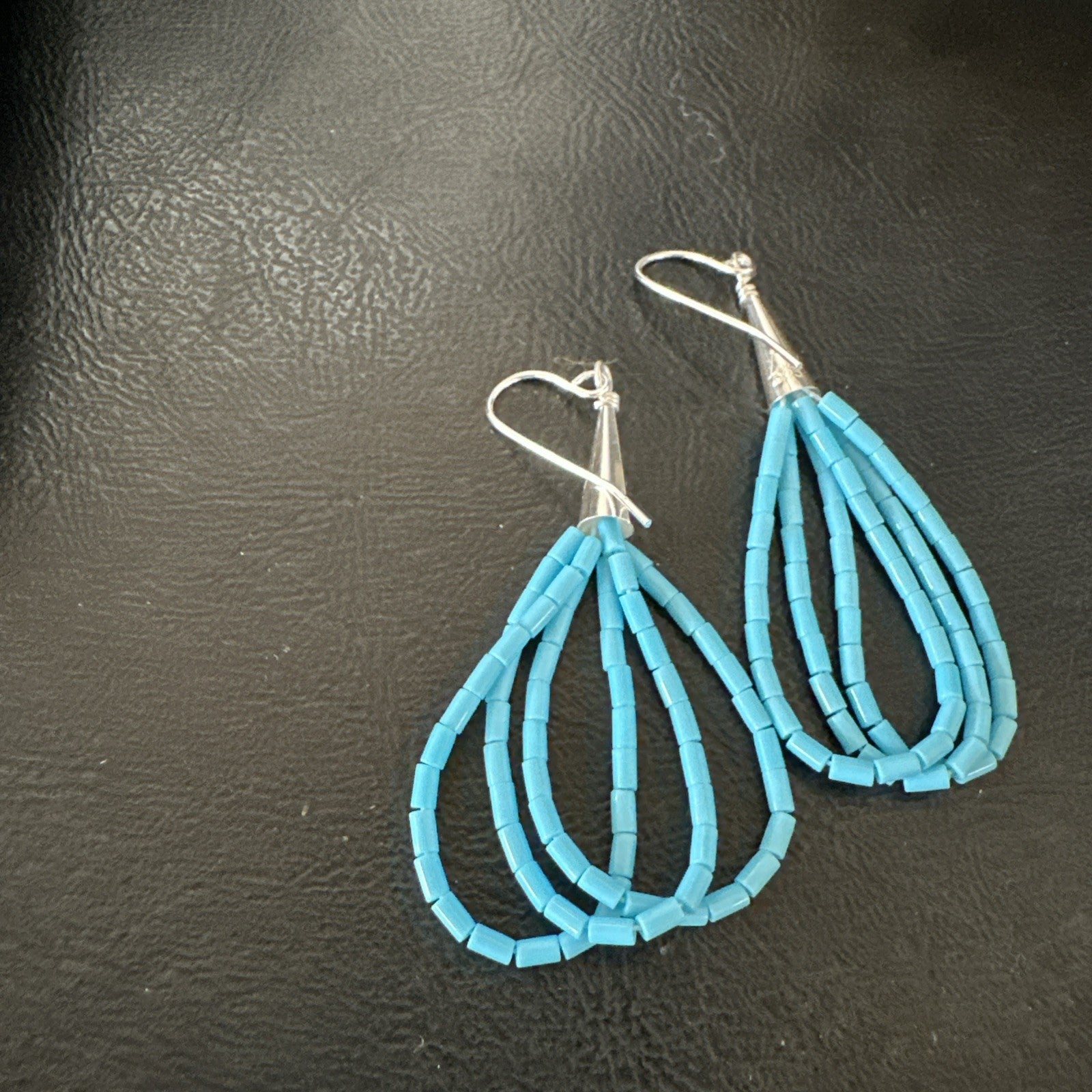 Blue Turquoise 3 Strand Sterling Silver Heishi Dangle 2” Earrings 18196