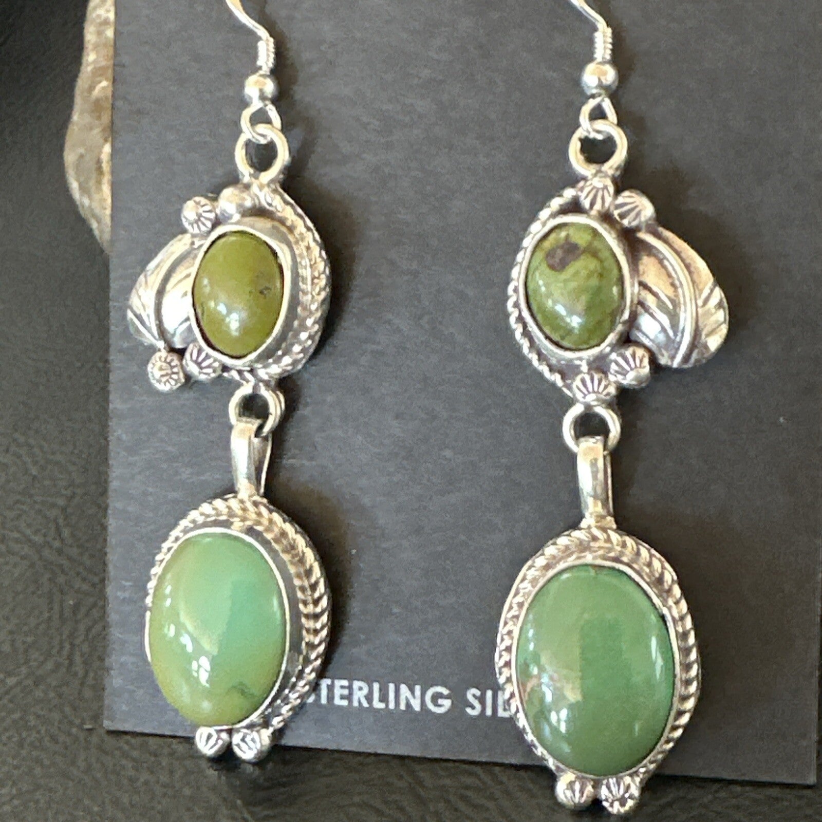 Native Navajo Green Turquoise Sterling Silver Dangle Earrings 2” 17694