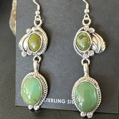 Native Navajo Green Turquoise Sterling Silver Dangle Earrings 2” 17694