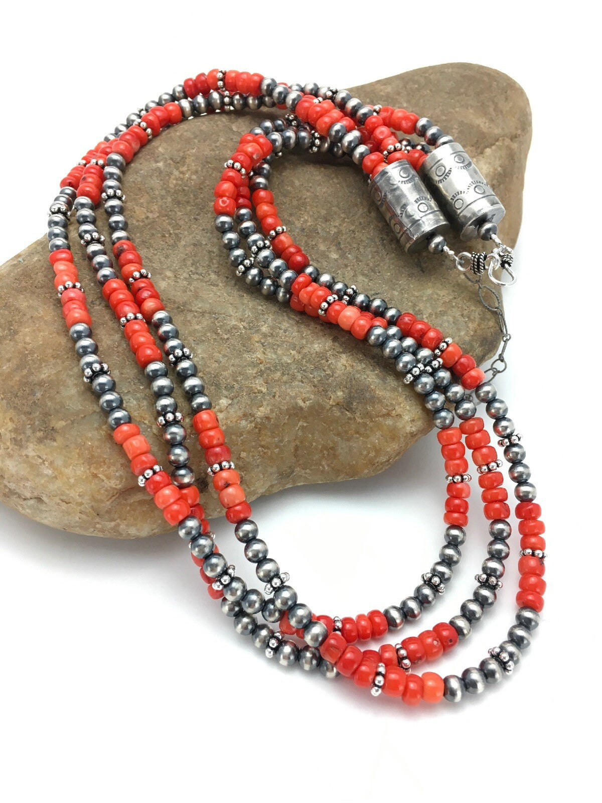 Red Coral 3 Strand Sterling Silver Navajo Necklace 02585