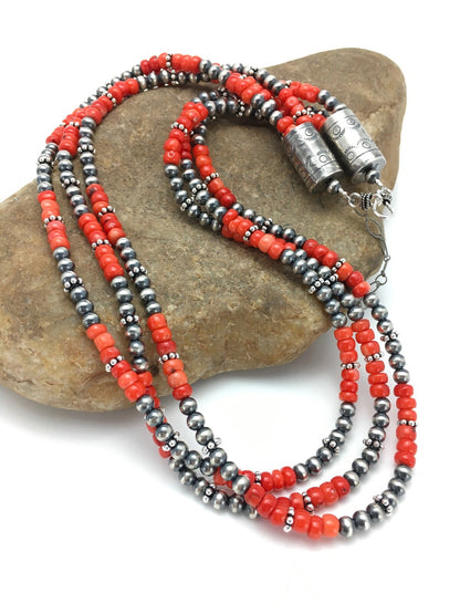 Red Coral 3 Strand Sterling Silver Navajo Necklace 02585