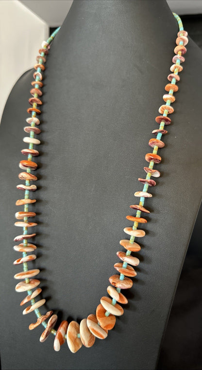 Orange Spiny Oyster Turquoise Navajo Pearls Sterling Silver Necklace 27” 19466