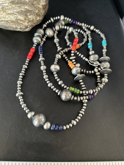 Turquoise Coral Spiny Oyster Navajo Pearls Sterling Silver Bead Necklace 51" -N
