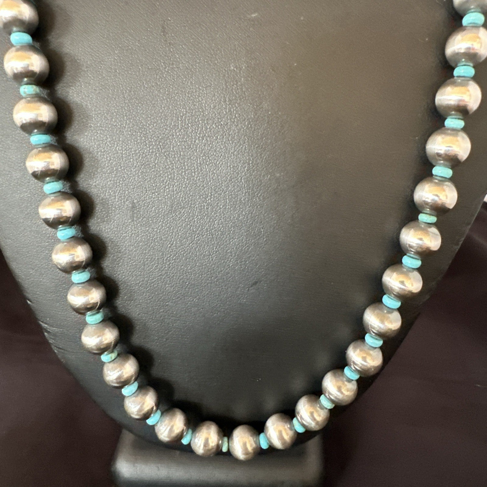 Blue Turquoise 10mm Round Sterling Silver Beads Necklace 24” 92408