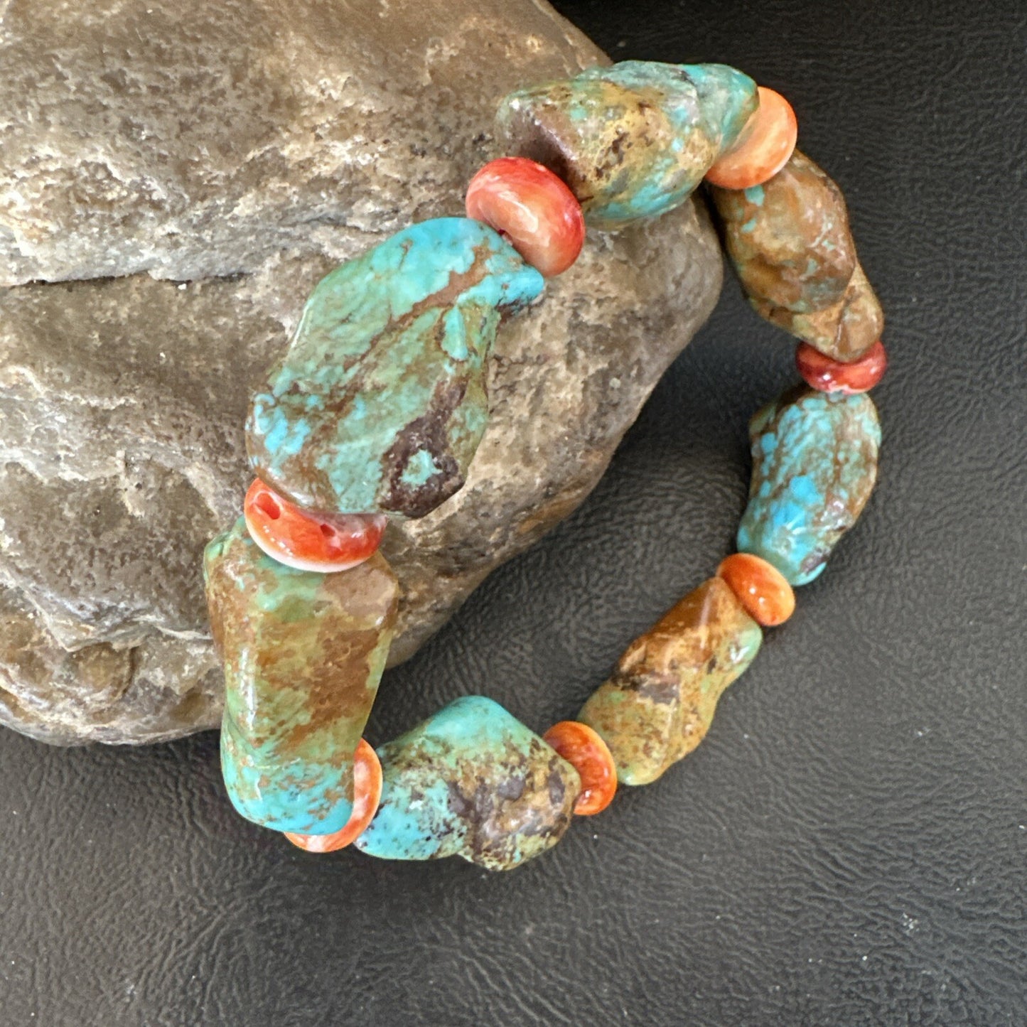 Mens Womens Green Turquoise Spiny Stretch Stone Friendship Bracelet 7" 18862