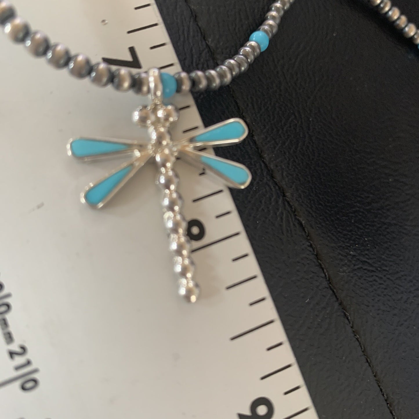 Blue Turquoise Dragonfly Pendant Zuni Sterling Silver Necklace 12058