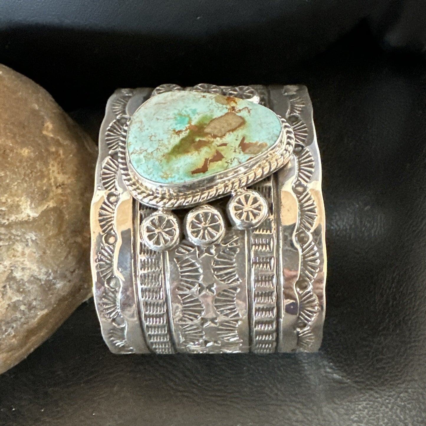 Navajo Women Green Royston Turquoise Stamped Sterling Silver Cuff Bracelet 17947