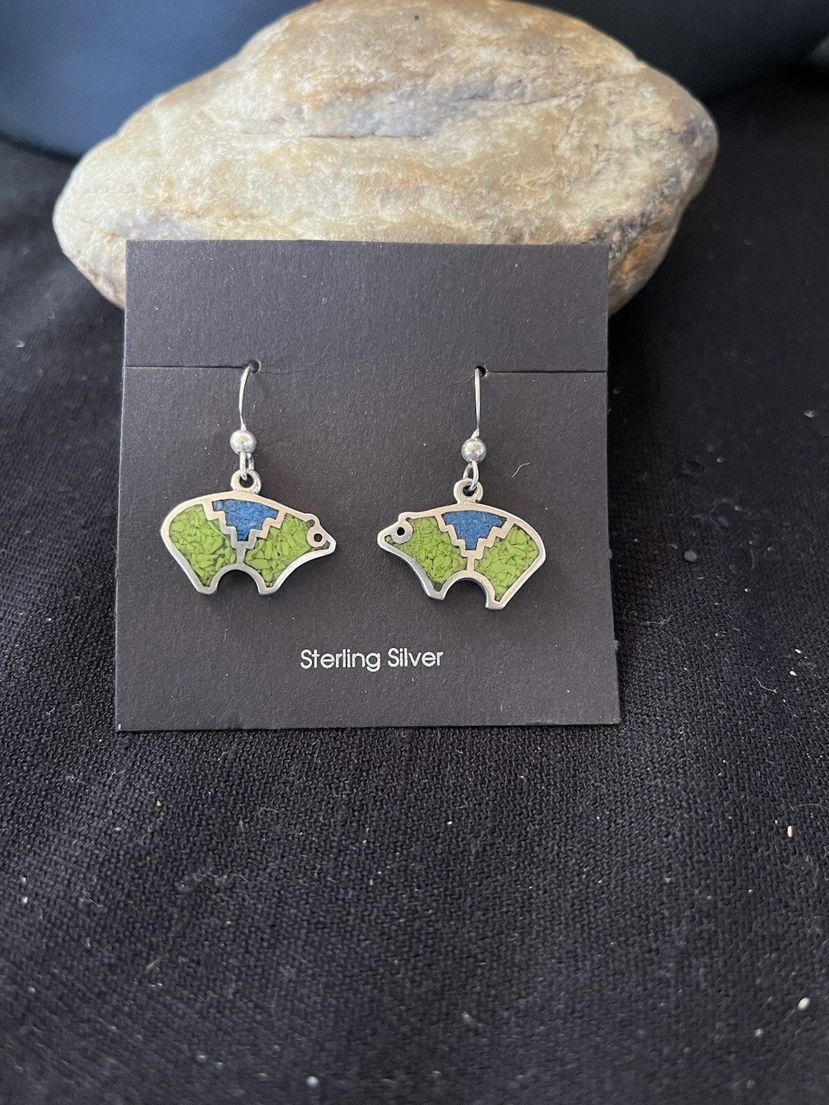 Blue Lapis & Green Turquoise Sterling Silver Bear Inlay Earrings 0.25" 01509