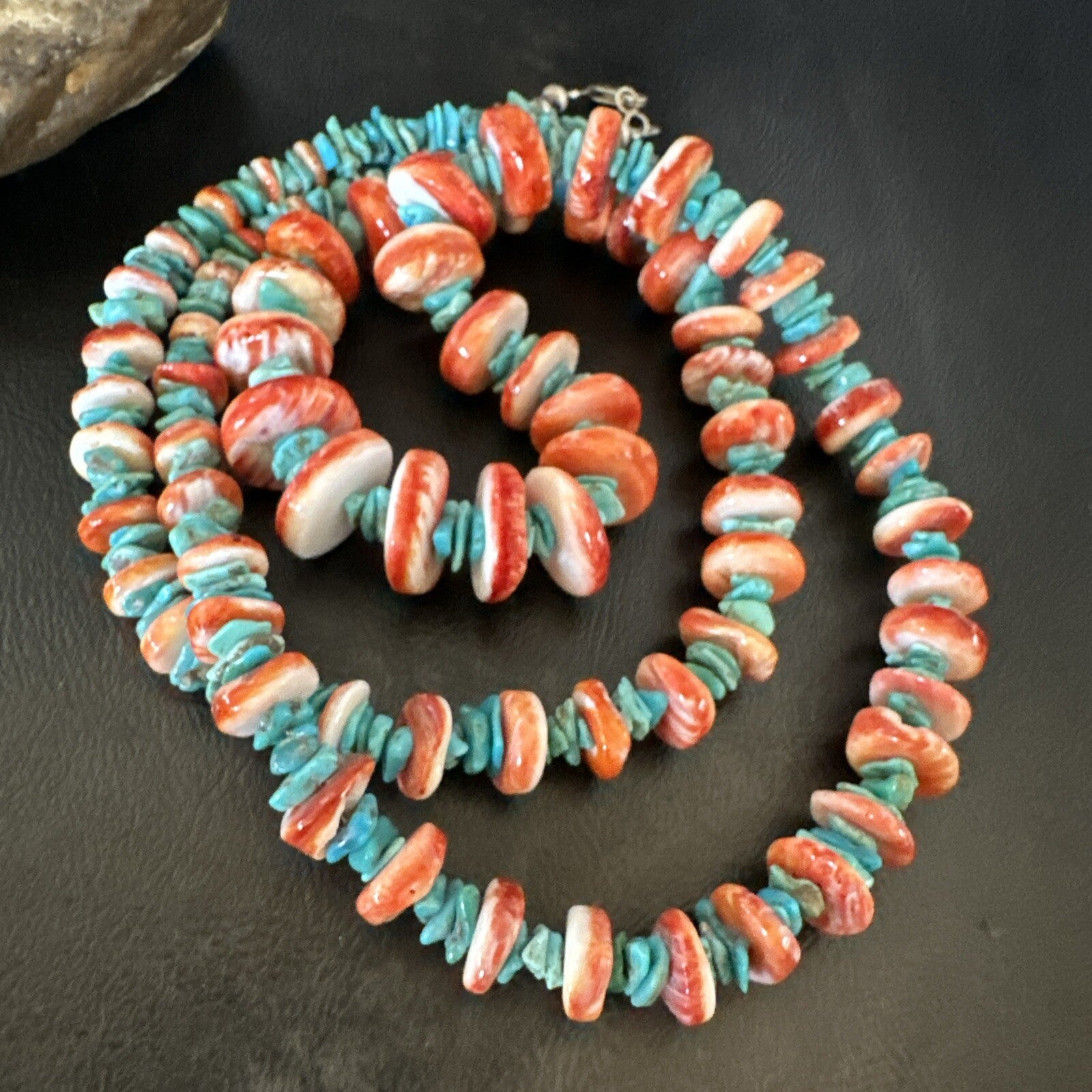XL Red Spiny Oyster Blue Turquoise Navajo Sterling Silver Necklace 35" 18266
