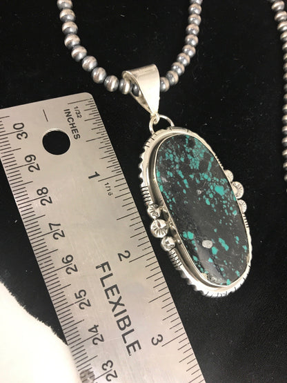 Green SpiderWeb Turquoise Pendant Navajo Pearls Sterling Silver Necklace 1329