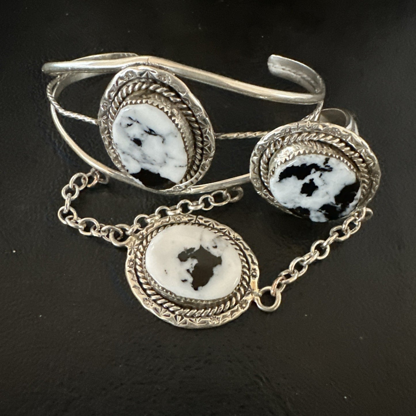 Yazzie Navajo Sterling Silver White Buffalo Turquoise Slave Bracelet Ring 19124
