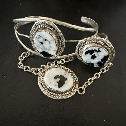 Yazzie Navajo Sterling Silver White Buffalo Turquoise Slave Bracelet Ring 19124
