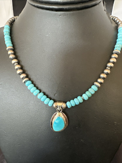 Mens Blue Kingman Turquoise Pendant Navajo Sterling Silver Necklace 21" 18382