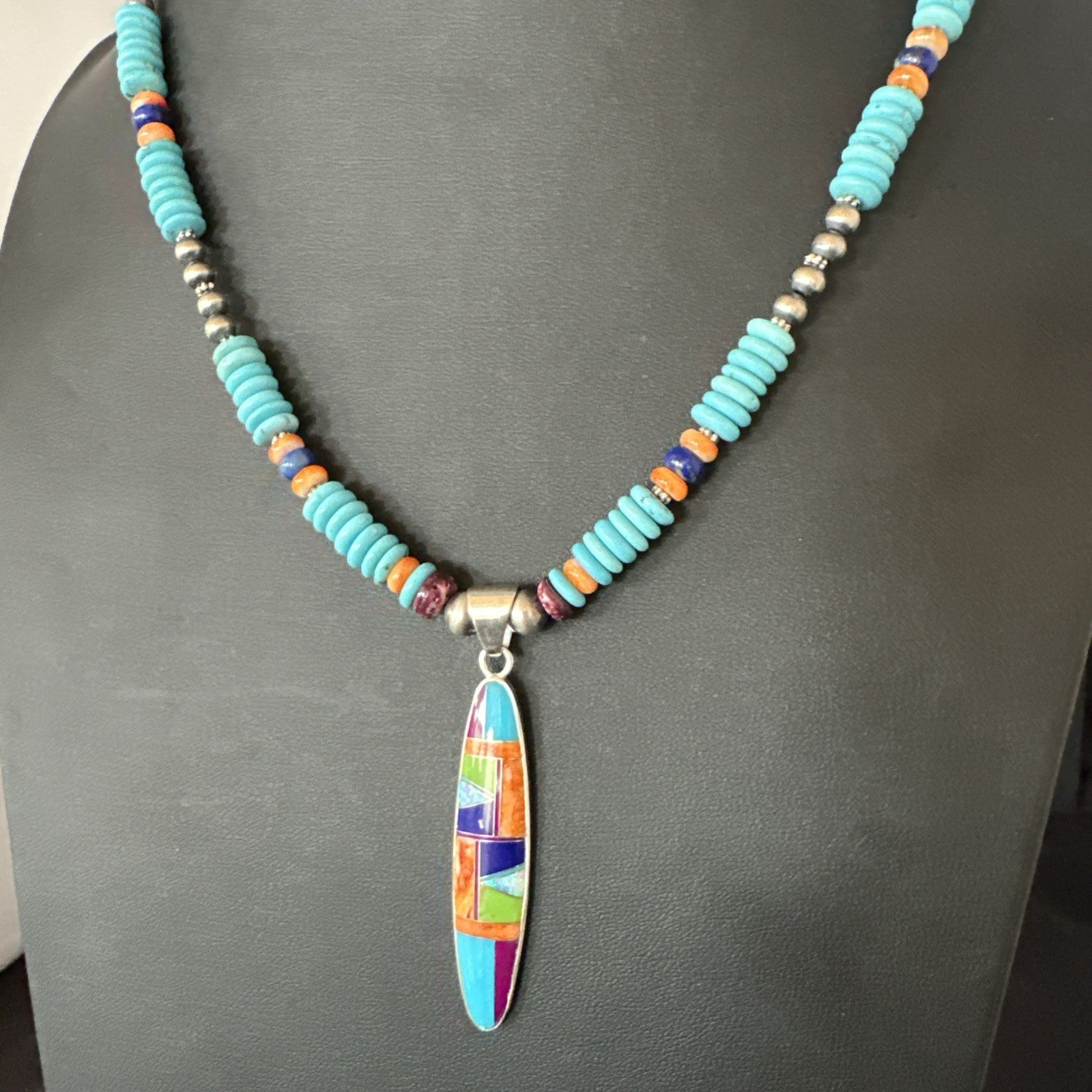 Multicolor Turquoise Spiny Navajo Sterling Silver Inlay Pendant Necklace 19644