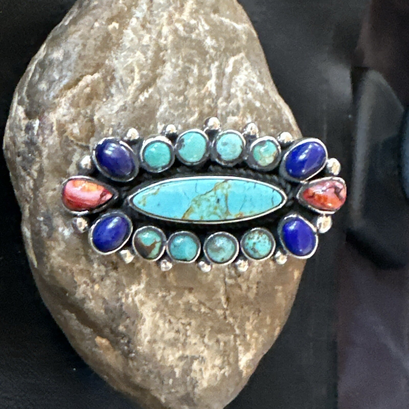 Cluster Blue Turquoise Spiny Oyster Lapis Sterling Silver Ring Size 6.5 18566