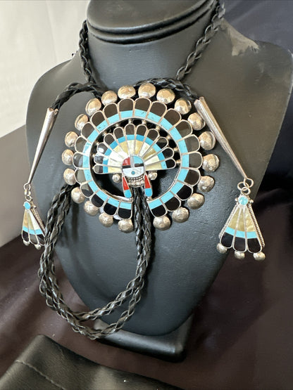 Mens Bolo Tie Zuni Sunface Kingman Turquoise Onyx Inlay Sterling Silver 18142