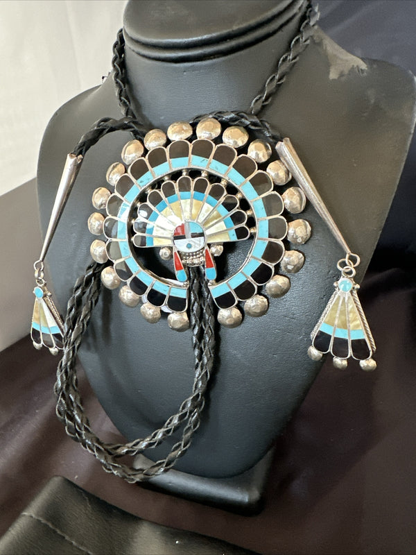 Men's Bolo Tie Zuni Sunface Kingman Turquoise Onyx Inlay | Sterling Silver | Authentic Native American Handmade | 18142