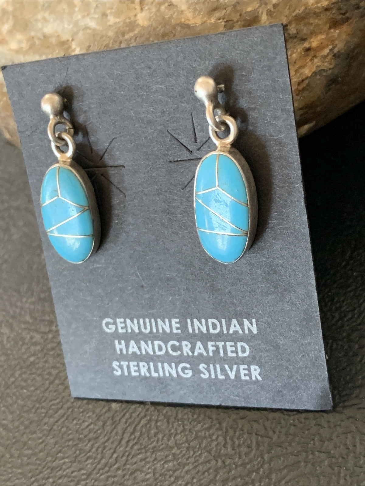 Navajo Blue Turquoise Sterling Silver Dangle Post Inlay Earrings 0.7" 12719