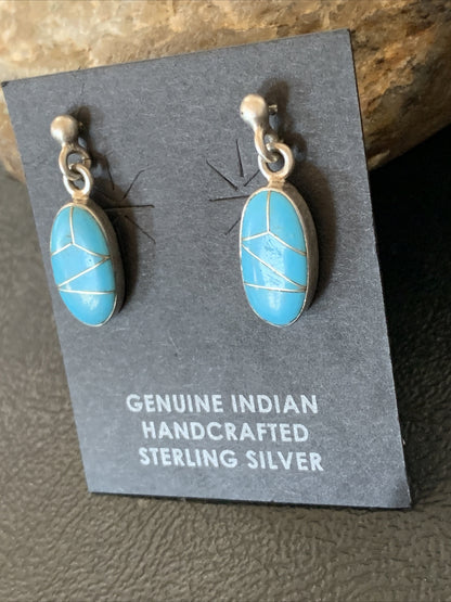 Navajo Blue Turquoise Sterling Silver Dangle Post Inlay Earrings 0.7" 12719