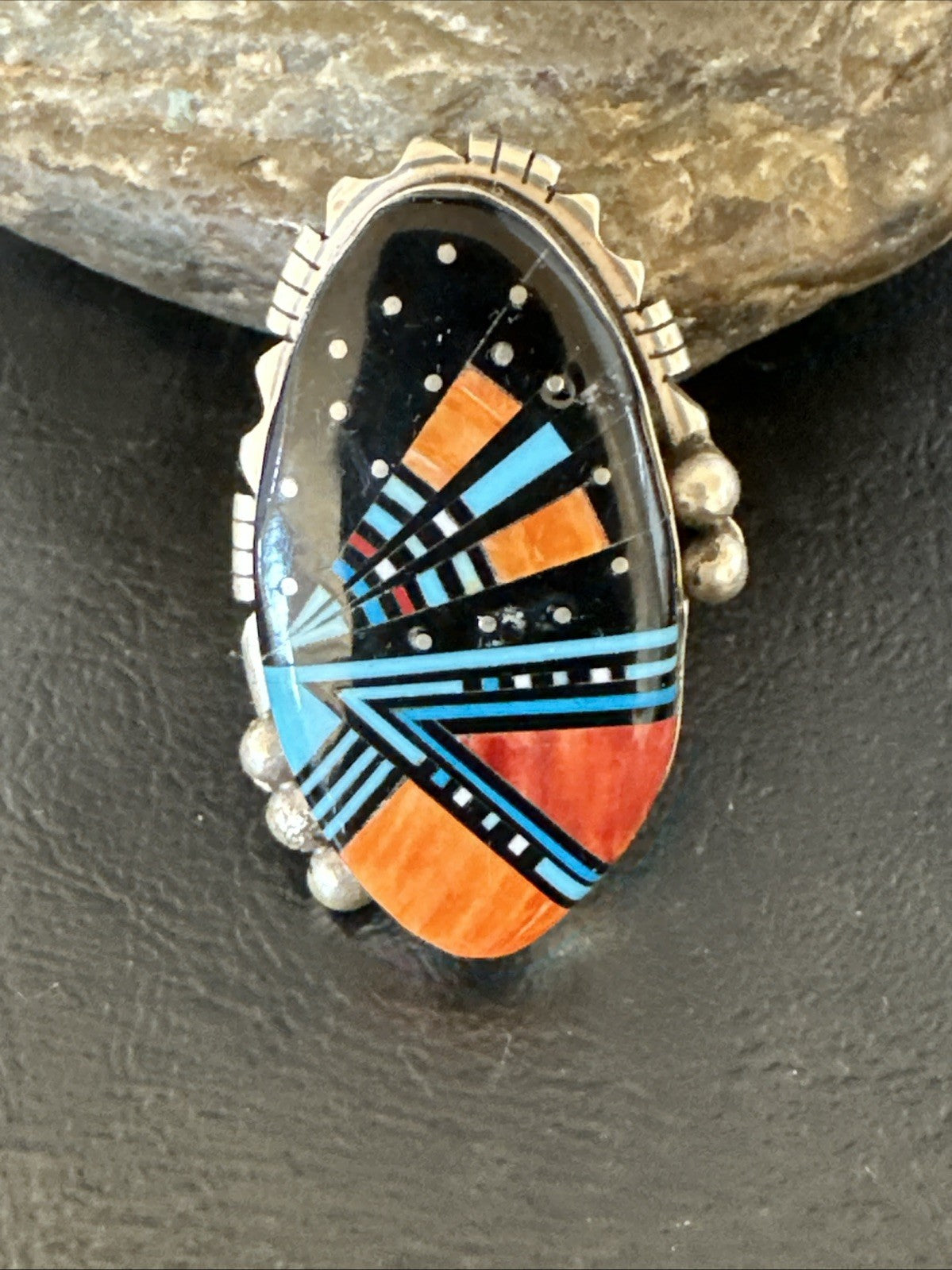 Onyx Turquoise Spiny Navajo Cosmic Inlay Sterling Silver Ring Size 10 19783