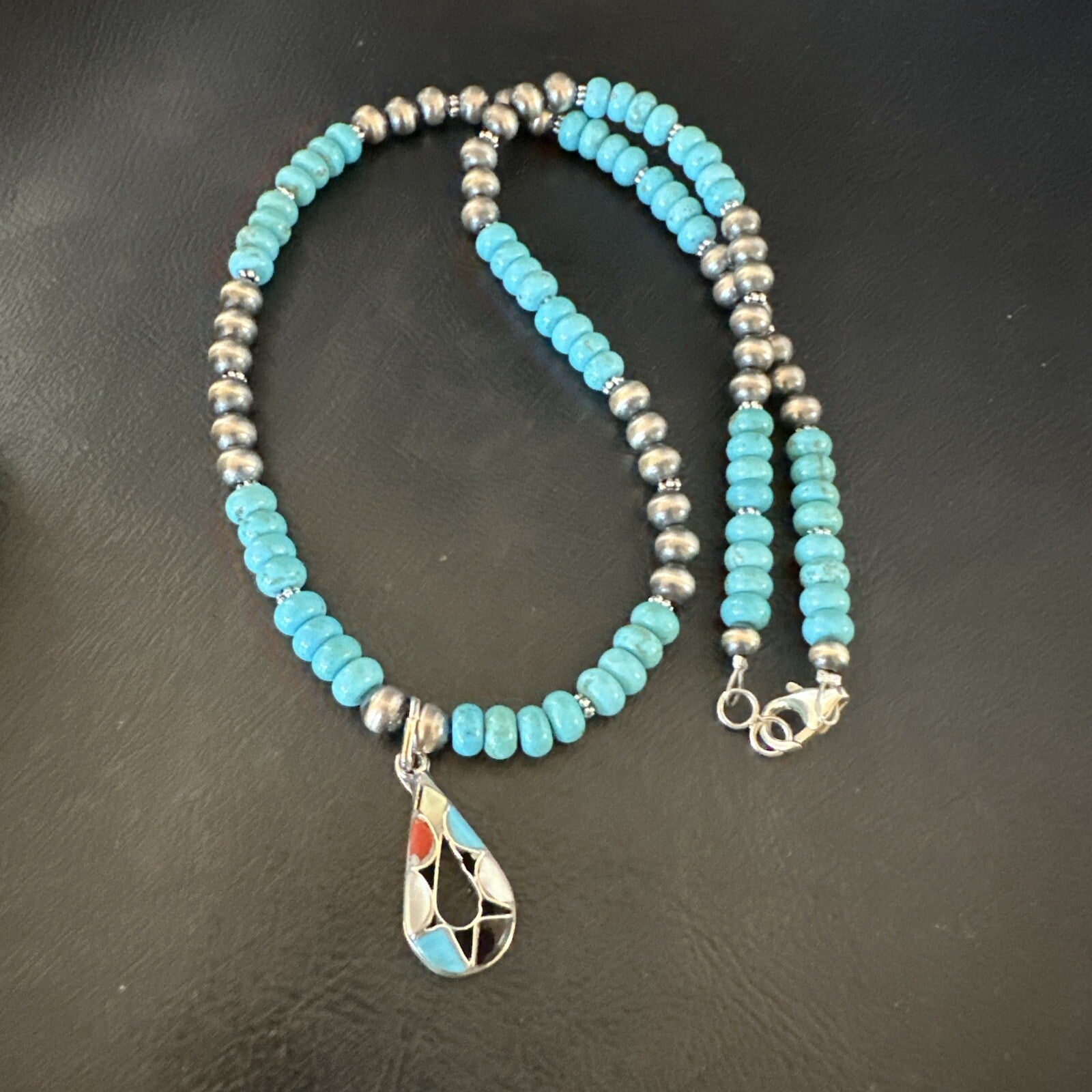 Zuni Turquoise Pink MOP Inlay Pendant 2Sided Necklace Sterling Silver 18064
