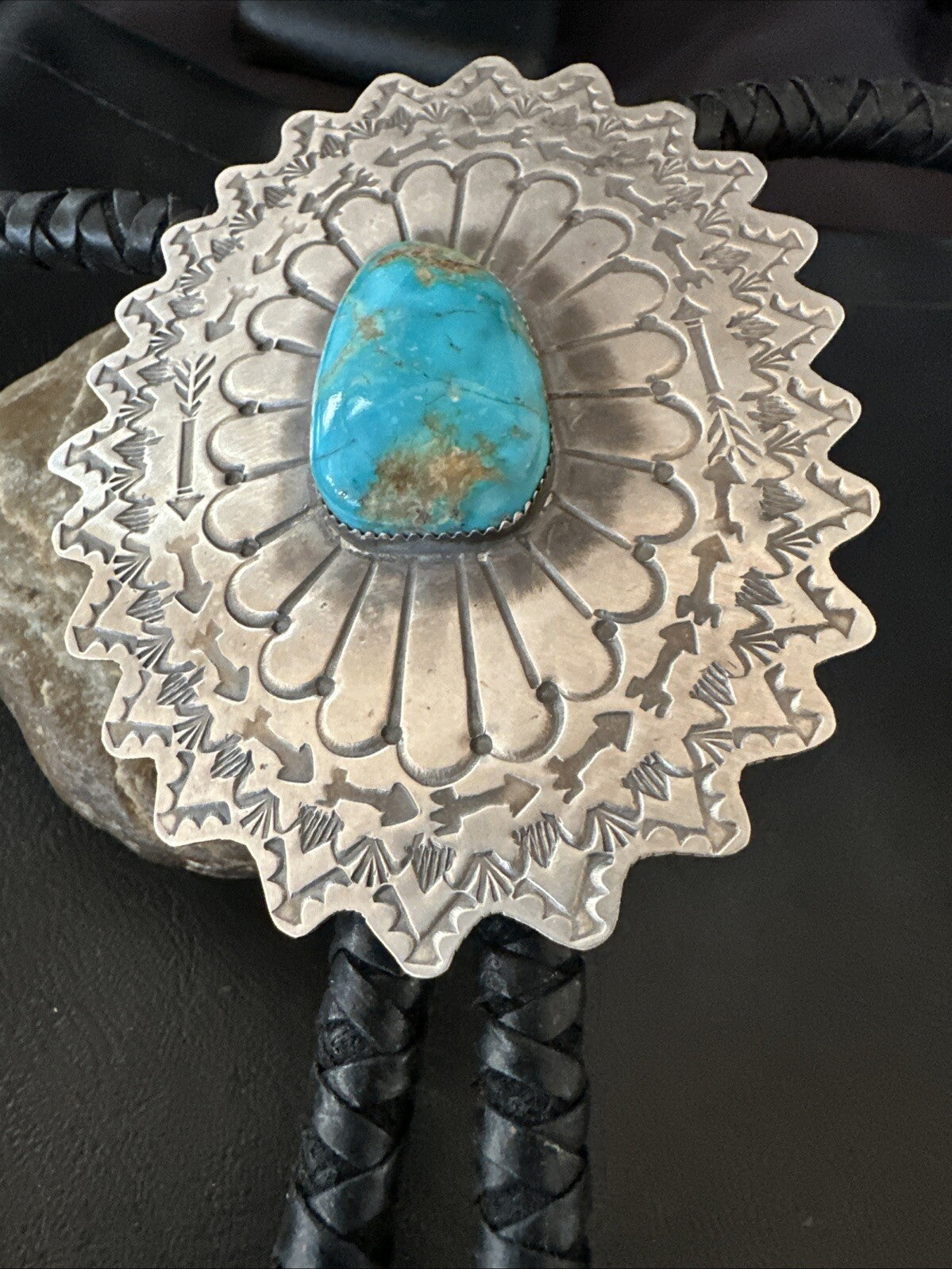 XXL Mens Blue Kingman Turquoise Navajo Sterling Silver Bolo Tie 4" 18689