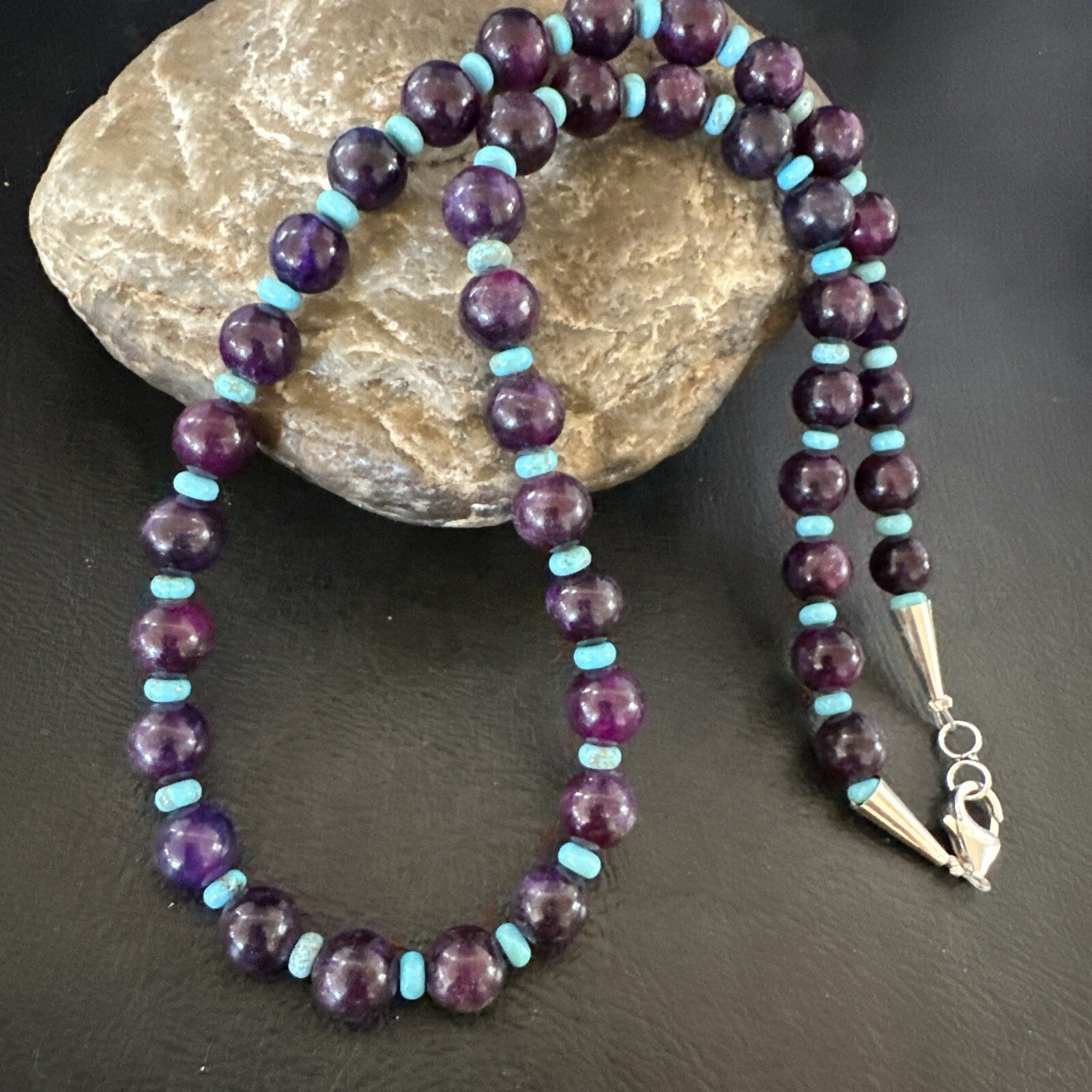 Purple Stone Blue Turquoise Bead Navajo Sterling Silver Necklace 18” 17788