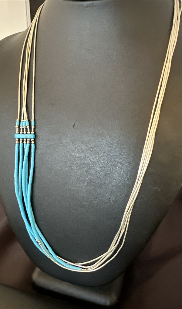 Blue Turquoise 5 Strand Heishi Liquid Necklace | Sterling Silver | Authentic Native American Handmade | 17854