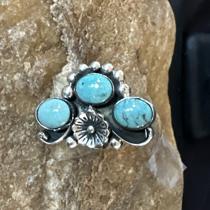 Yazzie Ring Blue Turquoise Navajo Sterling Silver Cluster Size 9 19217