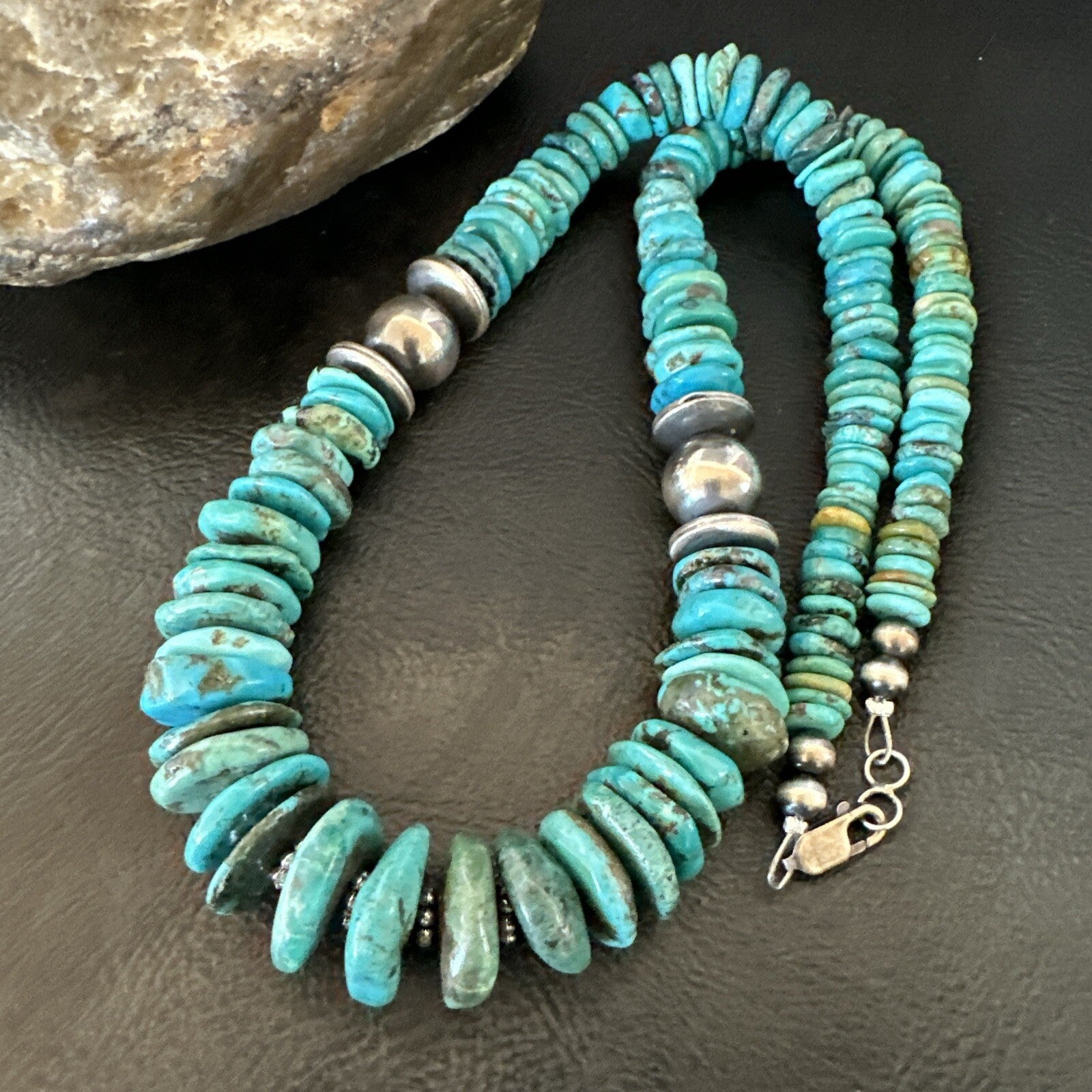 Graduated Blue Turquoise Navajo Pearls Sterling Silver Necklace 18” 18319