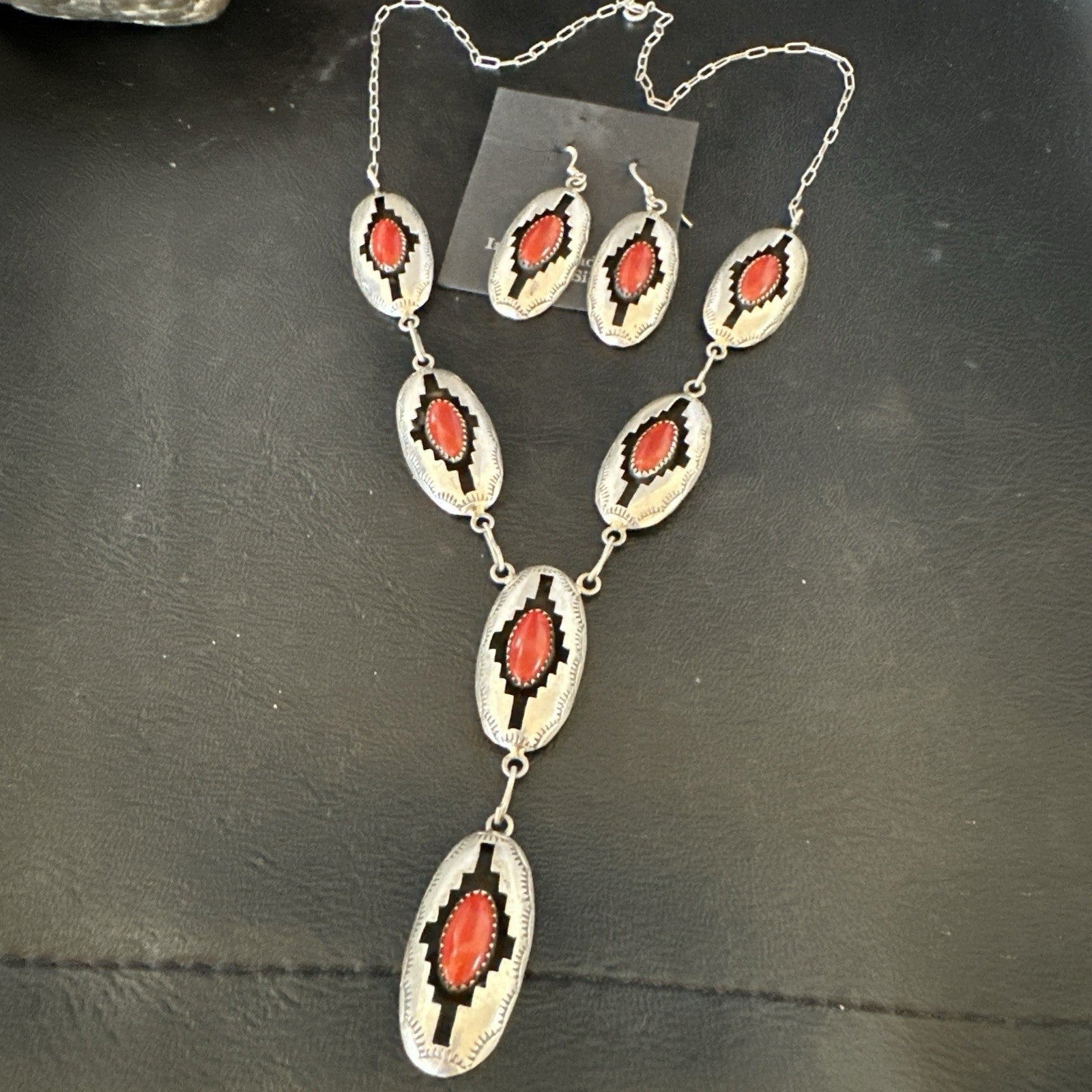 Old Native Navajo Red Coral Sterling Silver Shadowbox Necklace Earrings 18”19101