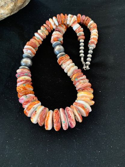 Native Red Spiny Oyster Navajo Pearls Sterling Silver Necklace 20" 03243