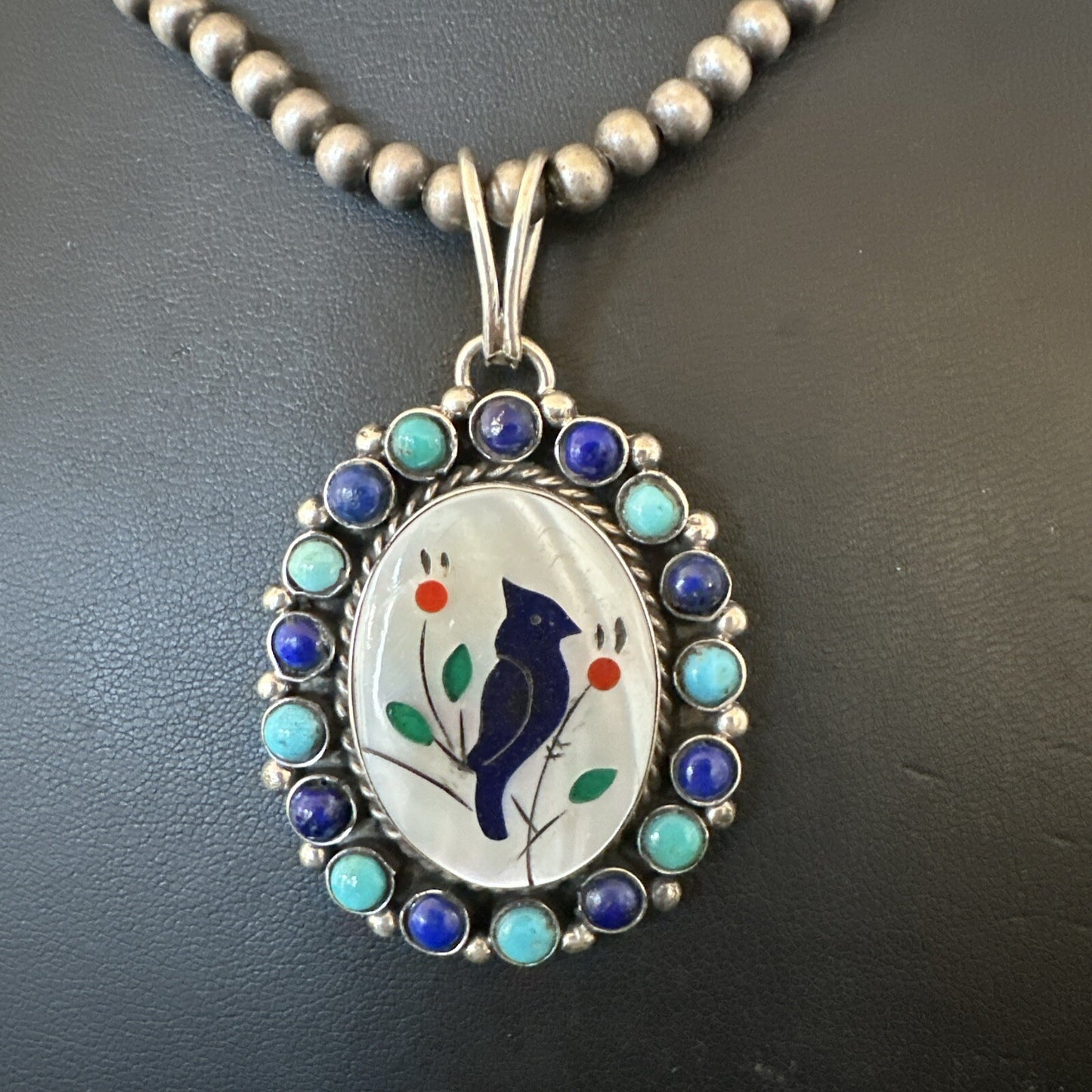 Blue Turquoise Black Onyx Inlay Pendant Sterling Silver Necklace 20�17926
