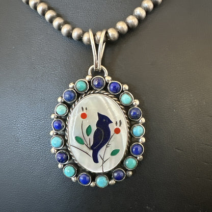 Blue Turquoise Black Onyx Inlay Pendant Sterling Silver Necklace 20�17926