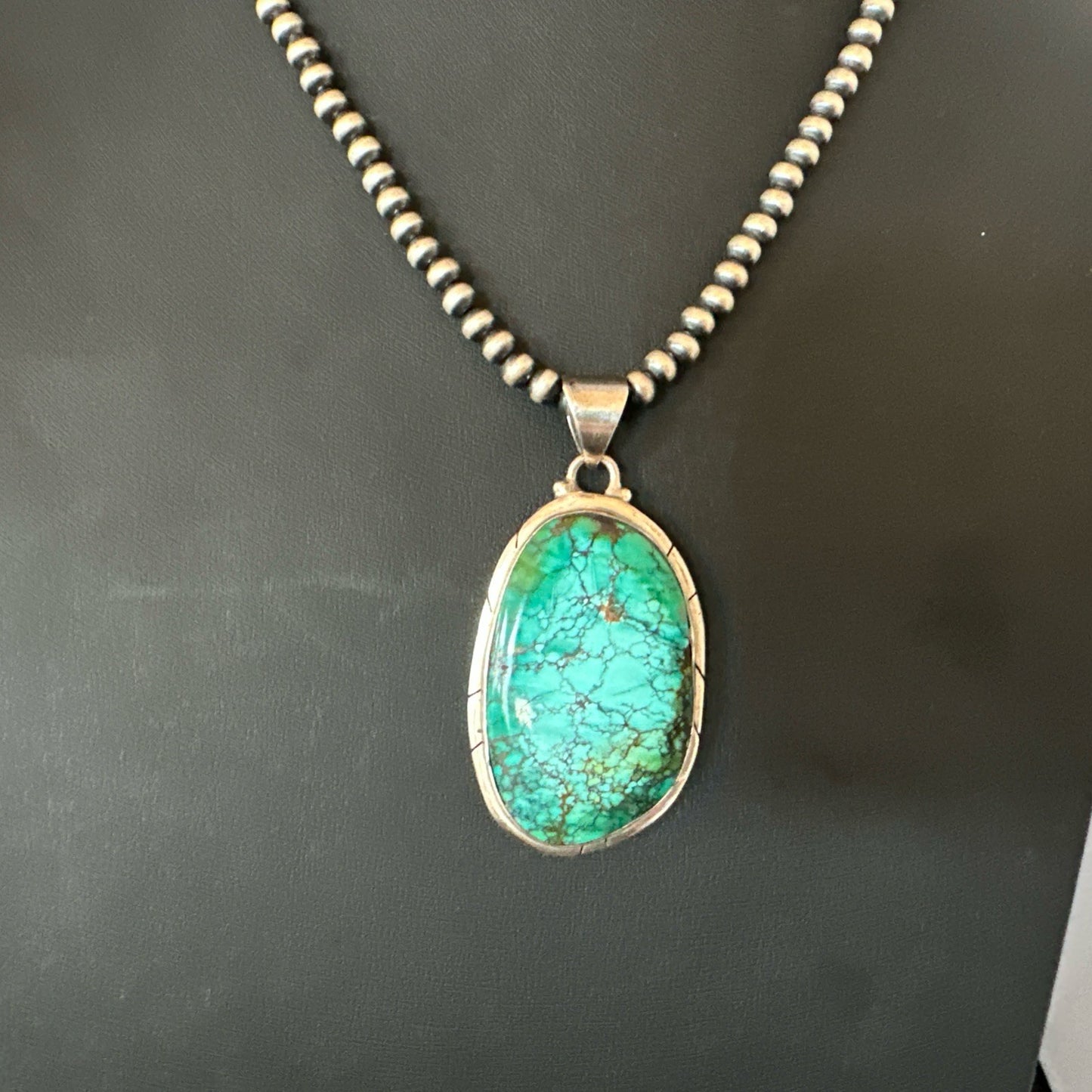 Blue  Green Spiderweb Turquoise Pendant  Sterling Silver Beads Necklace 19494