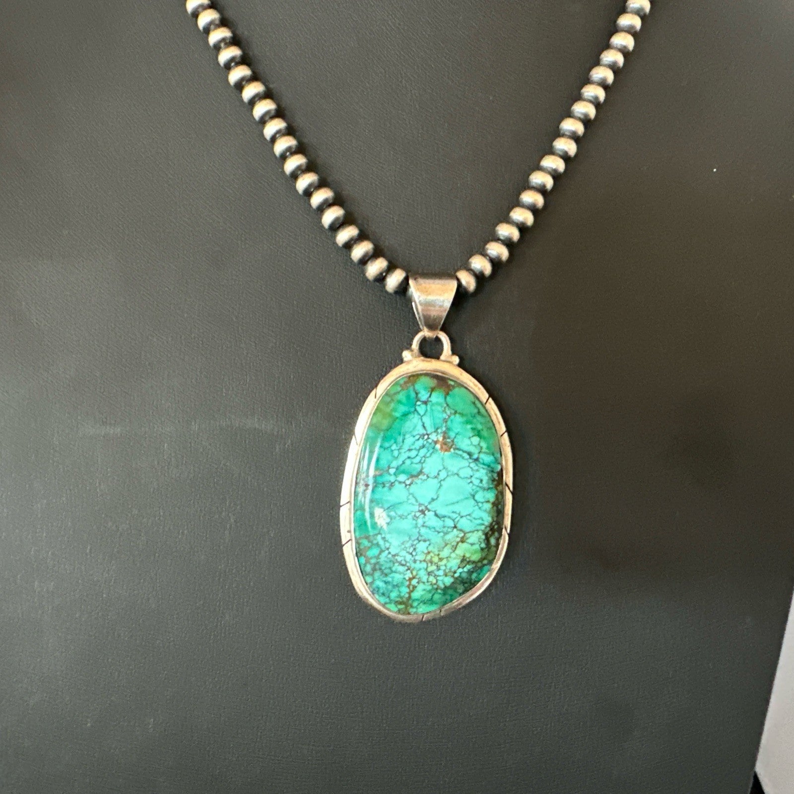 Blue  Green Spiderweb Turquoise Pendant  Sterling Silver Beads Necklace 19494