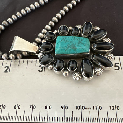 Womens Black Onyx Blue Turquoise Pendant Navajo Sterling Silver Necklace 18401