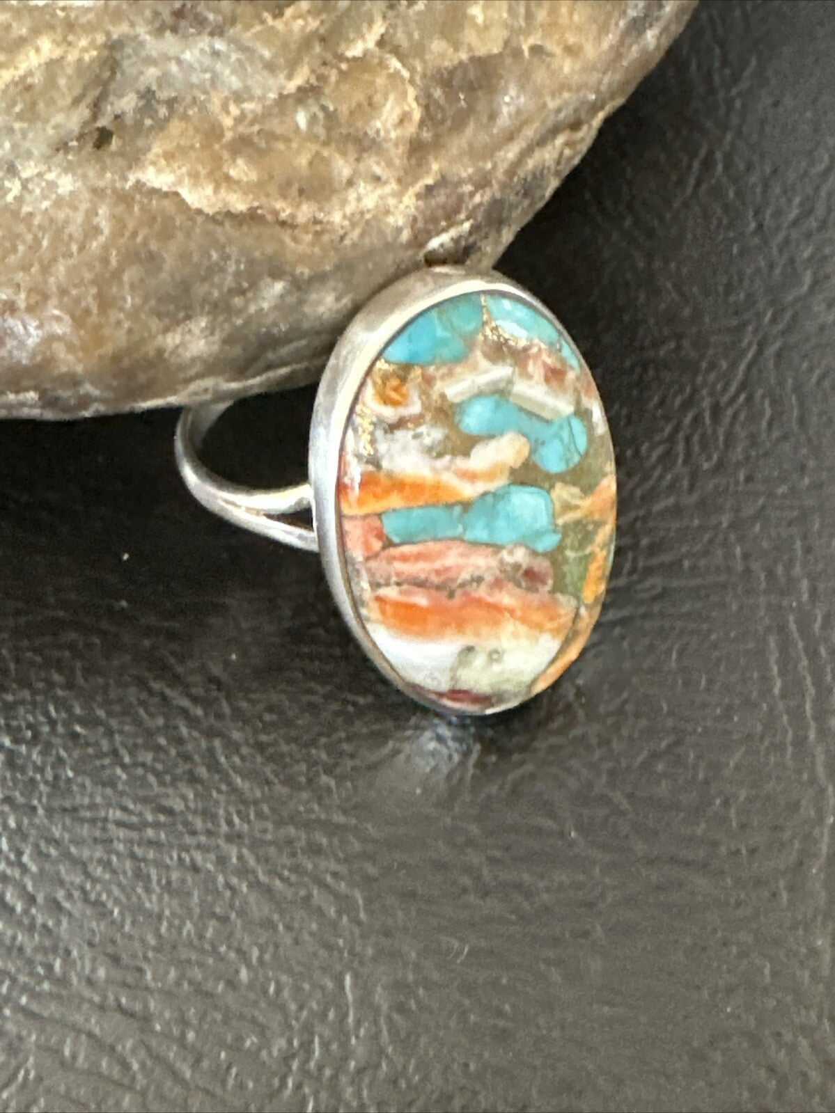 Blue Turquoise Orange Spiny Oyster Navajo Sterling Silver Ring Size 10 18208