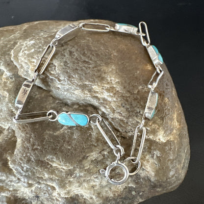 Blue Turquoise Navajo Old Pawn Sterling Silver Inlay Bracelet 7.5” 18152