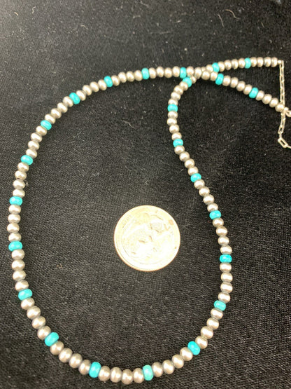 Navajo 4mm Sterling Silver Beads Blue Turquoise Bead Necklace 22”