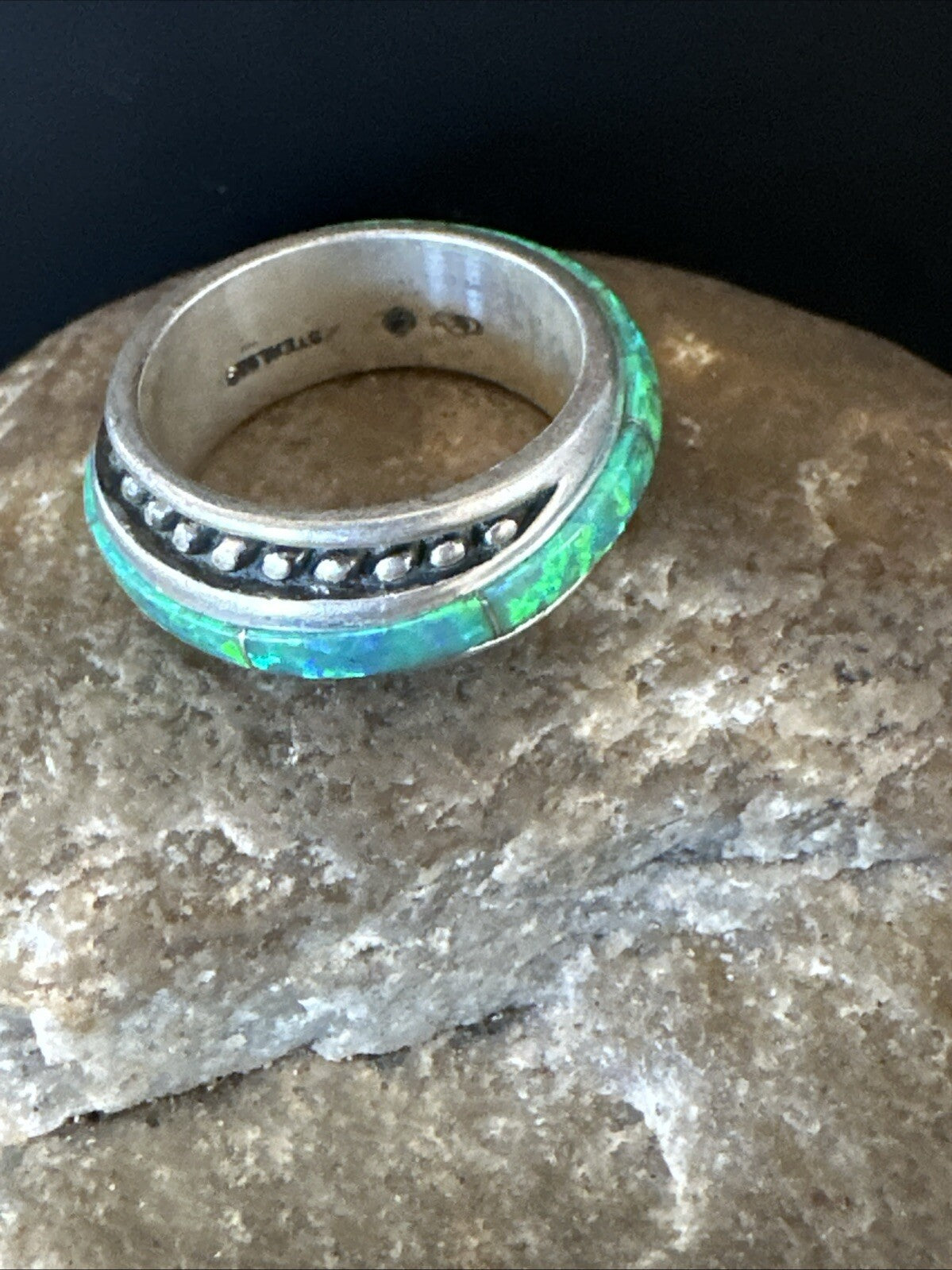 Green Opal Navajo Sterling Silver Band Inlay Ring Size 7 18809