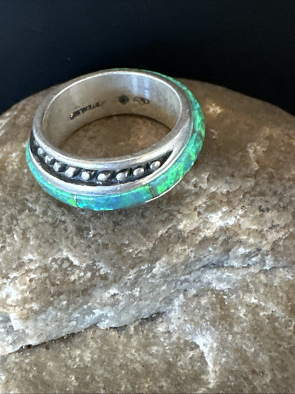 Green Opal Navajo Sterling Silver Band Inlay Ring Size 7 18809