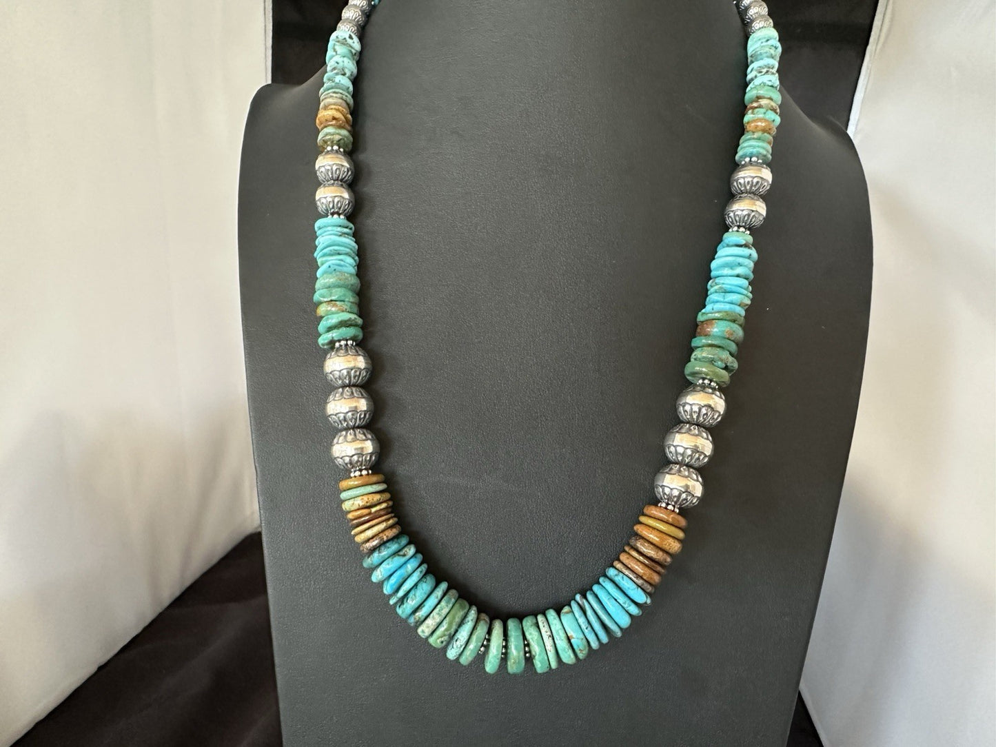 WoMens Blue Green Turquoise Navajo Sterling Silver Necklace 24” 19492