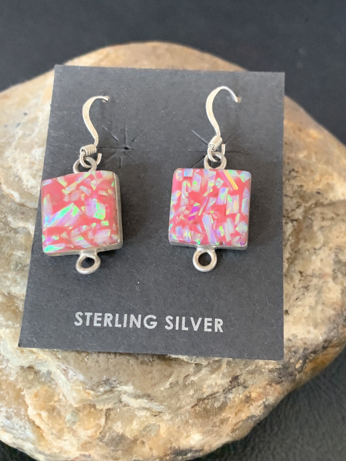Womens Pink Opal Navajo Sterling Silver Dangle Drop Earrings 0.5" 12752