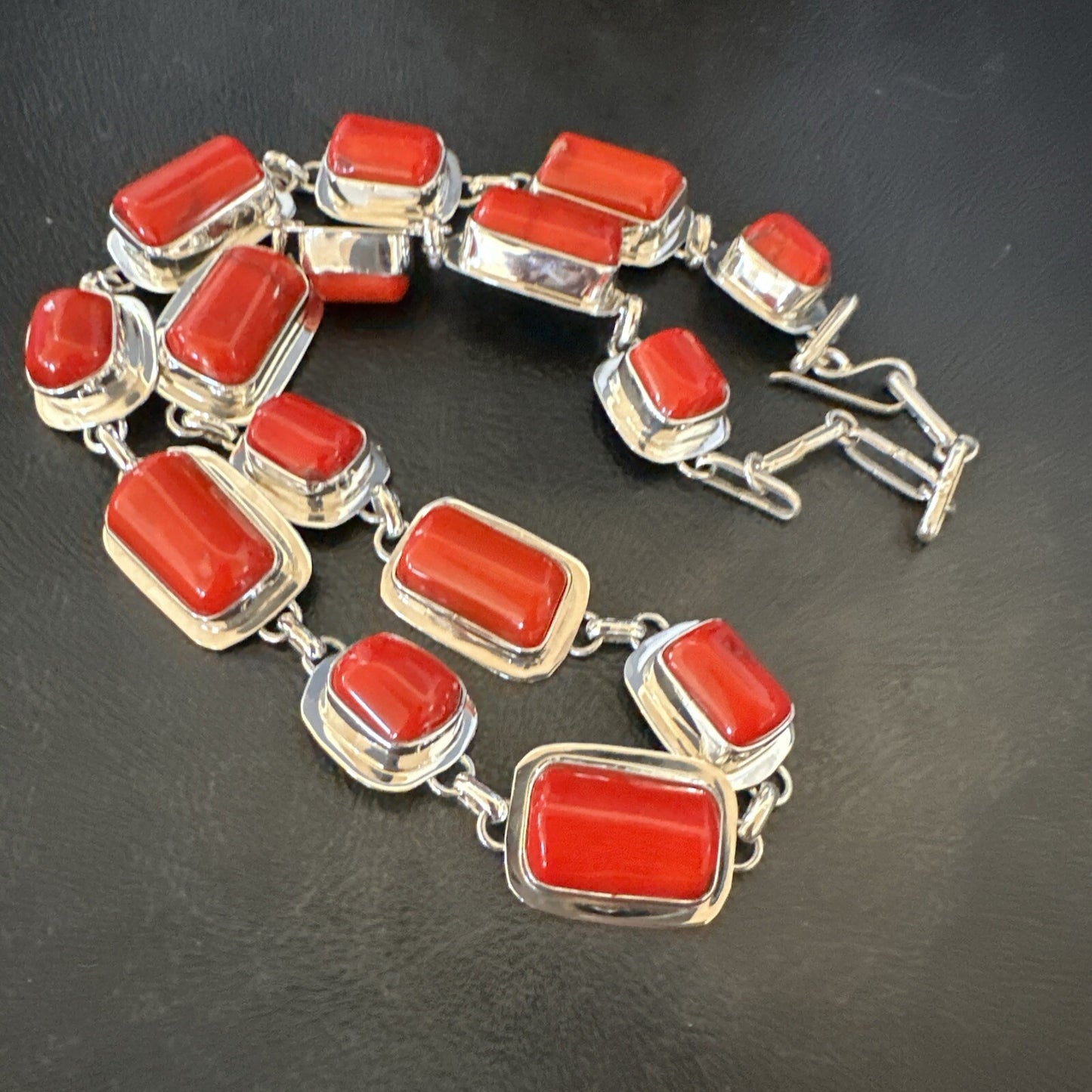 Handmade Women Red Coral Choker Necklace Pendant Sterling Silver 20” 18412