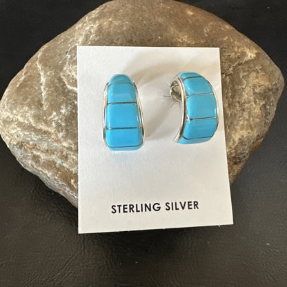 Southwestern Sterling Silver Blue Turquoise Stud Inlay Earrings 1” 19267
